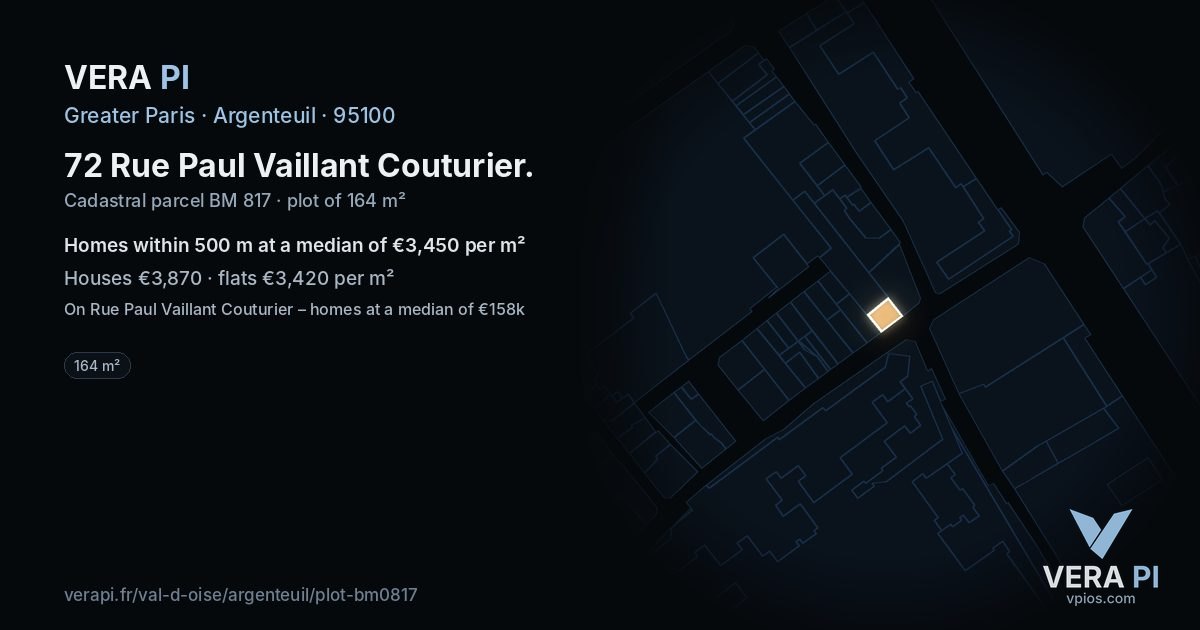 72 Rue Paul Vaillant Couturier, Argenteuil at night – the plot lit, the parcels around coloured by the prices near them