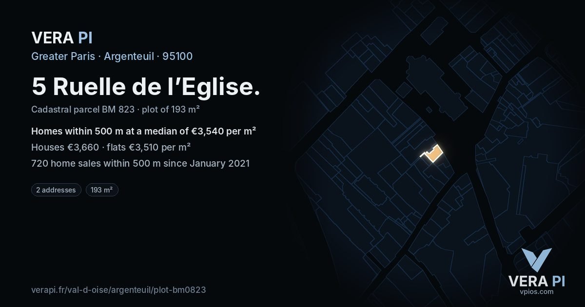 5 Ruelle de l’Eglise, Argenteuil at night – the plot lit, the parcels around coloured by the prices near them