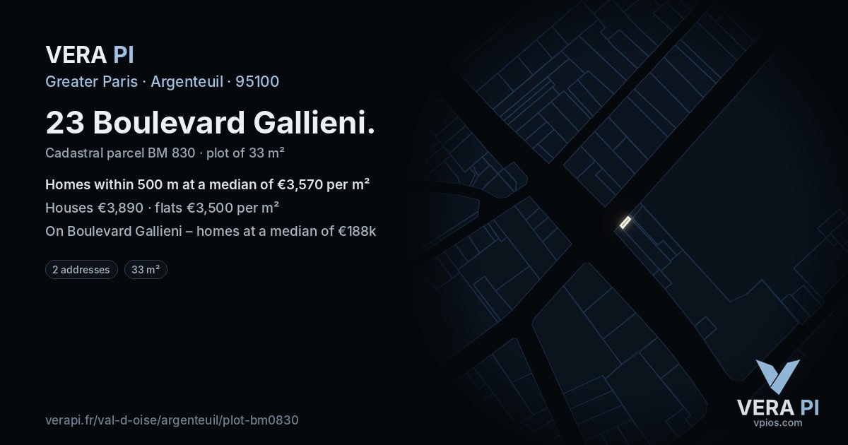 23 Boulevard Gallieni, Argenteuil at night – the plot lit, the parcels around coloured by the prices near them