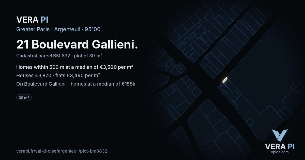 21 Boulevard Gallieni, Argenteuil at night – the plot lit, the parcels around coloured by the prices near them
