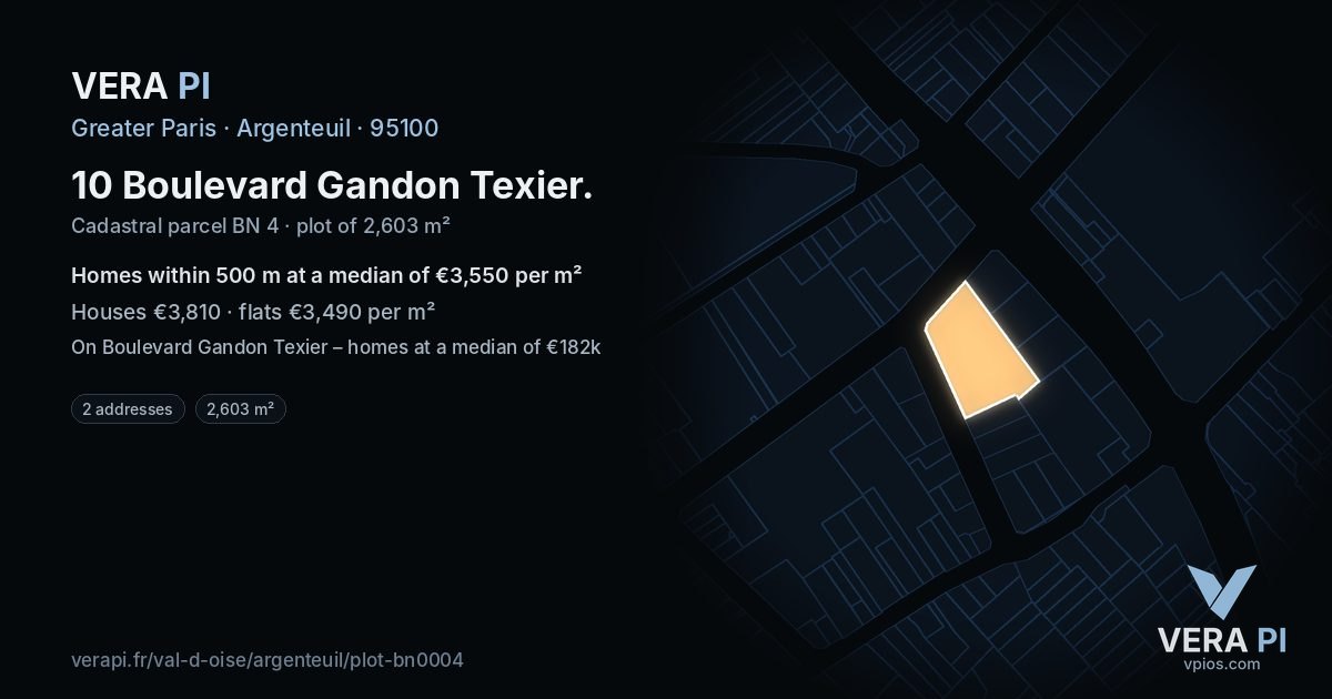 10 Boulevard Gandon Texier, Argenteuil at night – the plot lit, the parcels around coloured by the prices near them