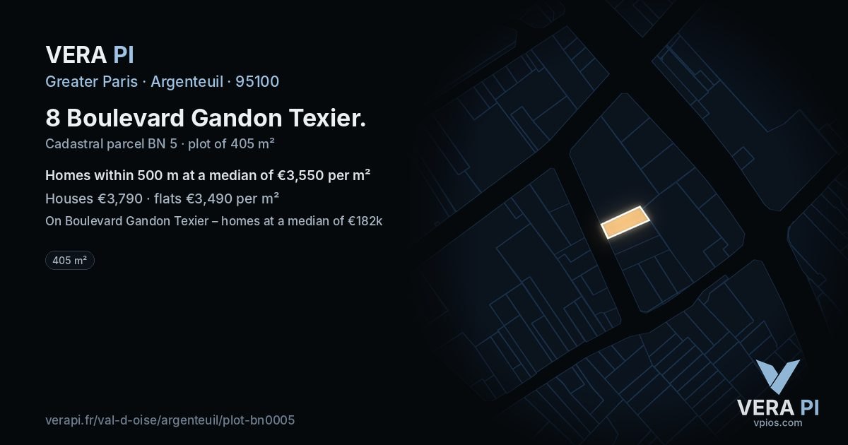 8 Boulevard Gandon Texier, Argenteuil at night – the plot lit, the parcels around coloured by the prices near them