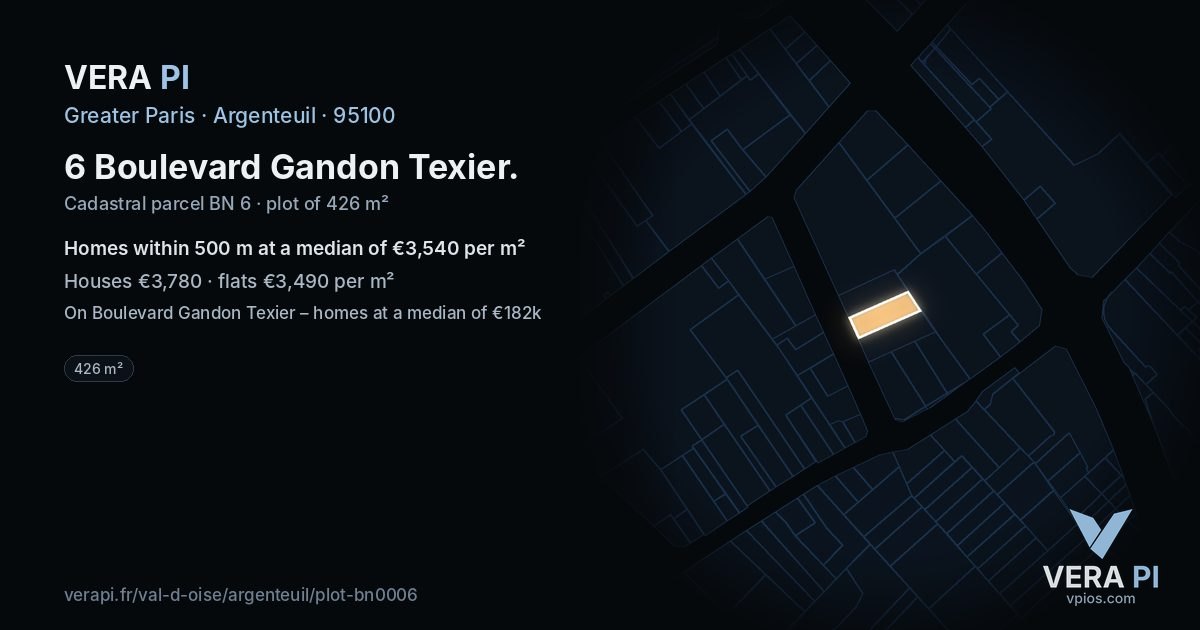 6 Boulevard Gandon Texier, Argenteuil at night – the plot lit, the parcels around coloured by the prices near them