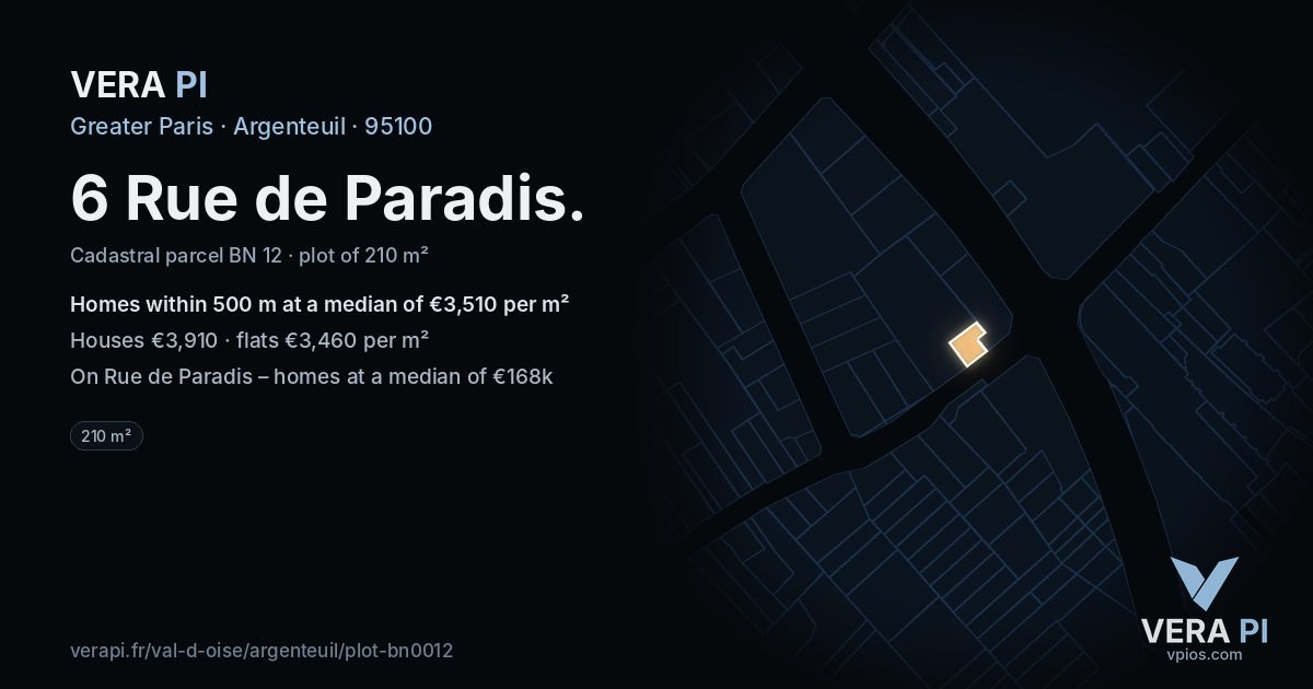 6 Rue de Paradis, Argenteuil at night – the plot lit, the parcels around coloured by the prices near them
