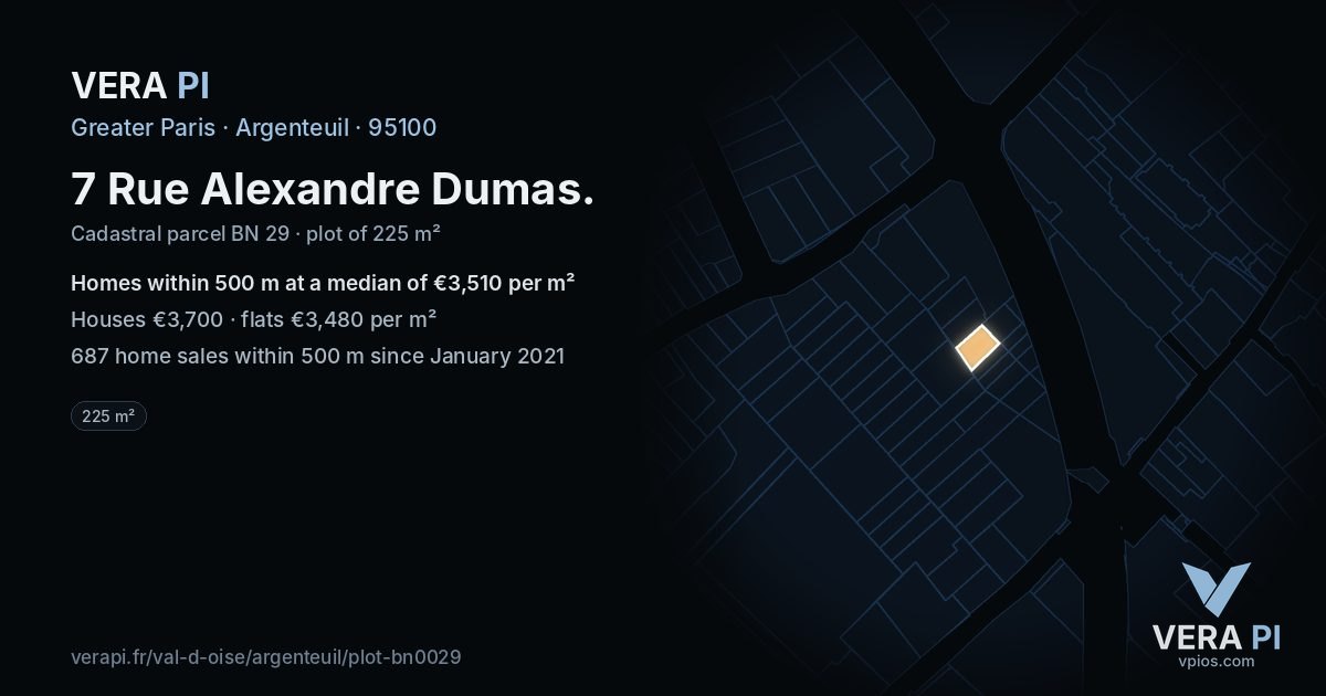 7 Rue Alexandre Dumas, Argenteuil at night – the plot lit, the parcels around coloured by the prices near them