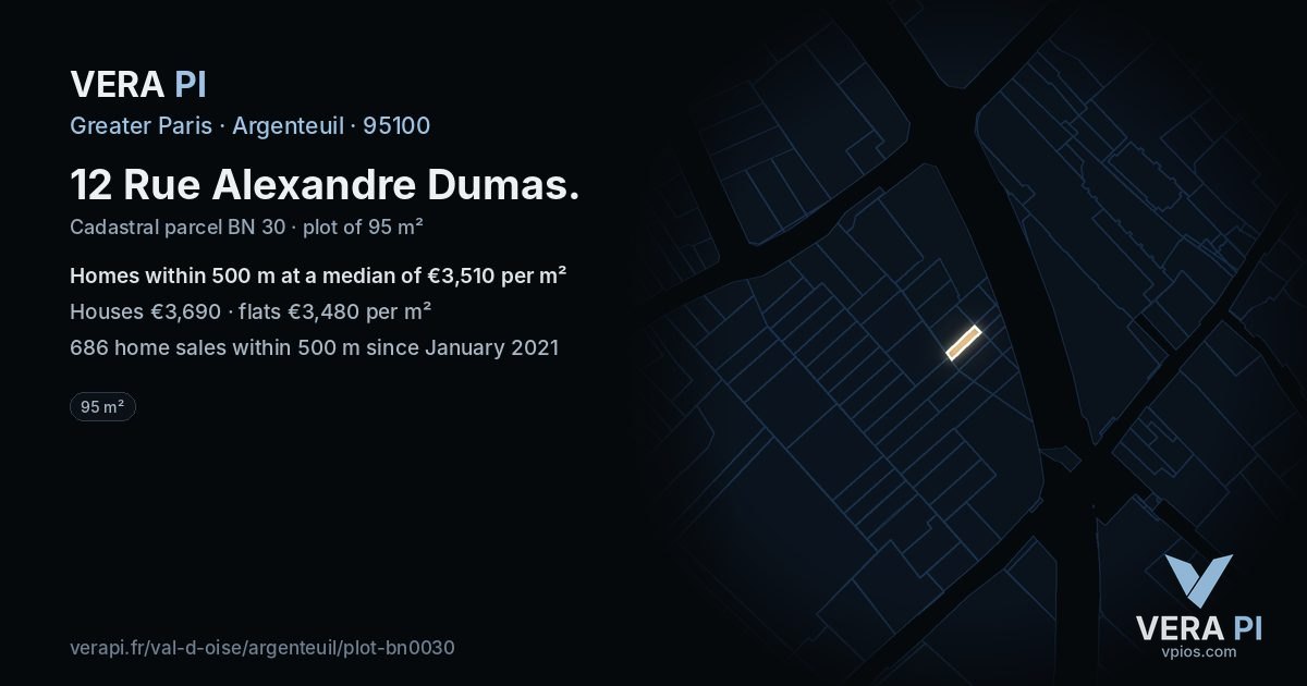 12 Rue Alexandre Dumas, Argenteuil at night – the plot lit, the parcels around coloured by the prices near them