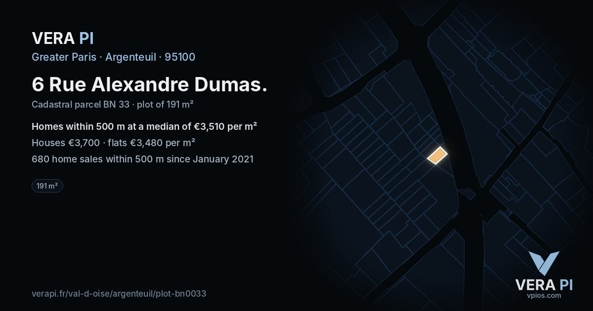 6 Rue Alexandre Dumas, Argenteuil at night – the plot lit, the parcels around coloured by the prices near them