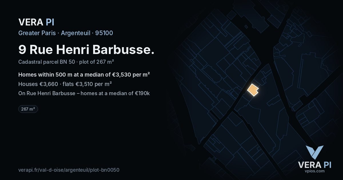 9 Rue Henri Barbusse, Argenteuil at night – the plot lit, the parcels around coloured by the prices near them