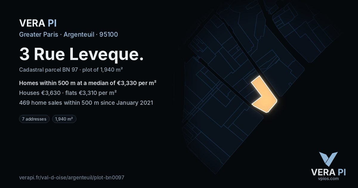 3 Rue Leveque, Argenteuil at night – the plot lit, the parcels around coloured by the prices near them