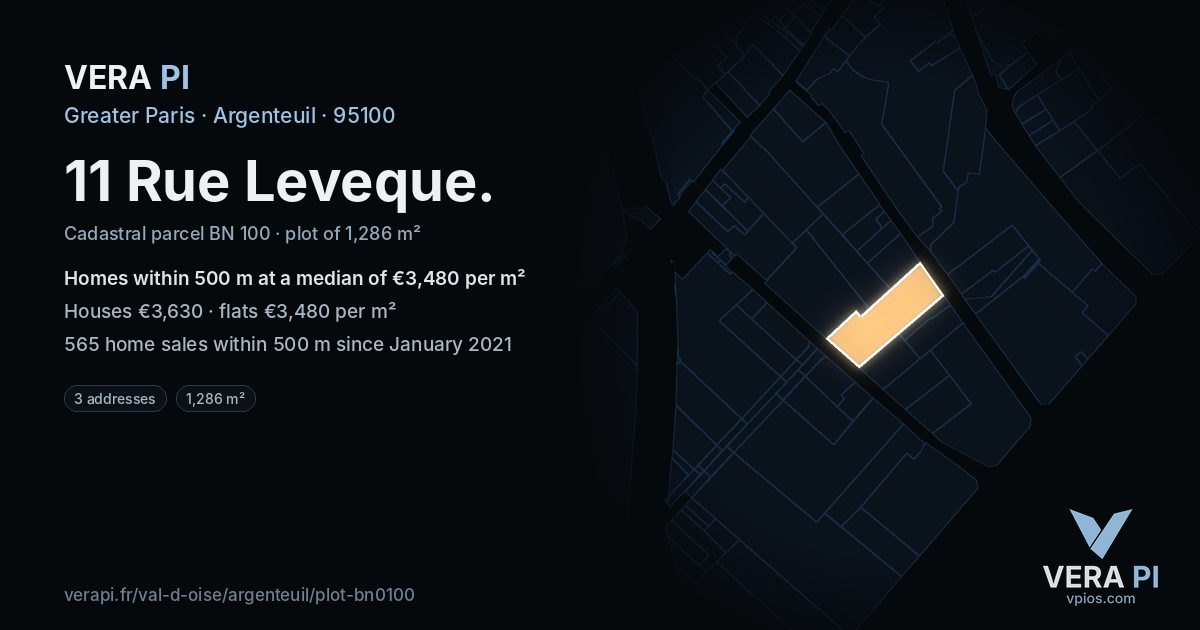 11 Rue Leveque, Argenteuil at night – the plot lit, the parcels around coloured by the prices near them