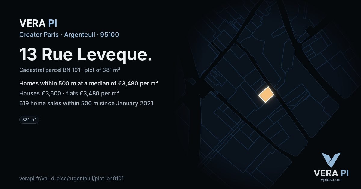 13 Rue Leveque, Argenteuil at night – the plot lit, the parcels around coloured by the prices near them