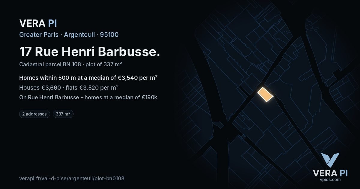 17 Rue Henri Barbusse, Argenteuil at night – the plot lit, the parcels around coloured by the prices near them