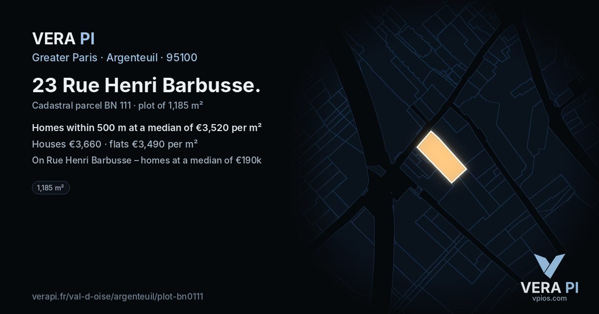 23 Rue Henri Barbusse, Argenteuil at night – the plot lit, the parcels around coloured by the prices near them