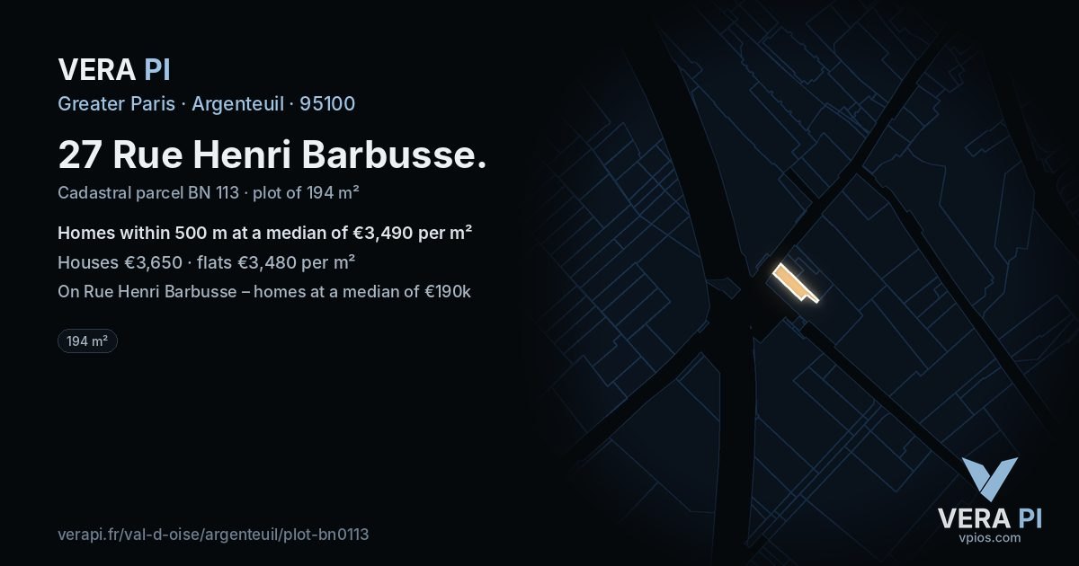 27 Rue Henri Barbusse, Argenteuil at night – the plot lit, the parcels around coloured by the prices near them