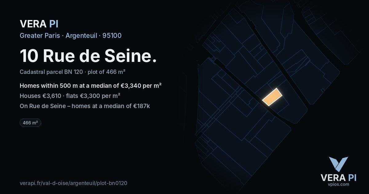 10 Rue de Seine, Argenteuil at night – the plot lit, the parcels around coloured by the prices near them