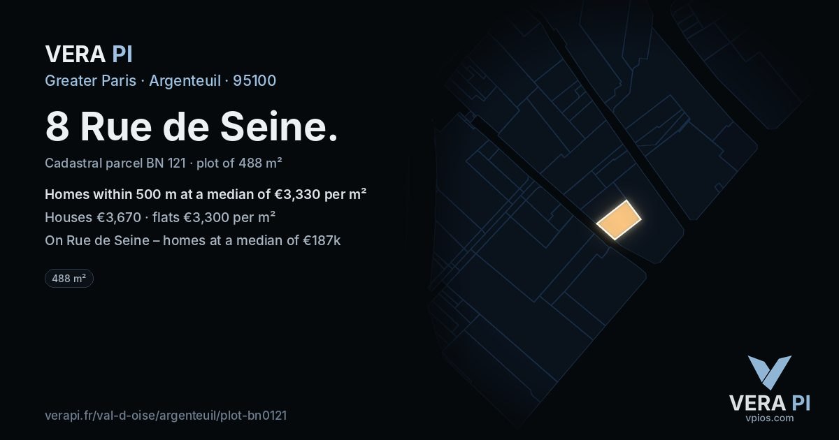 8 Rue de Seine, Argenteuil at night – the plot lit, the parcels around coloured by the prices near them