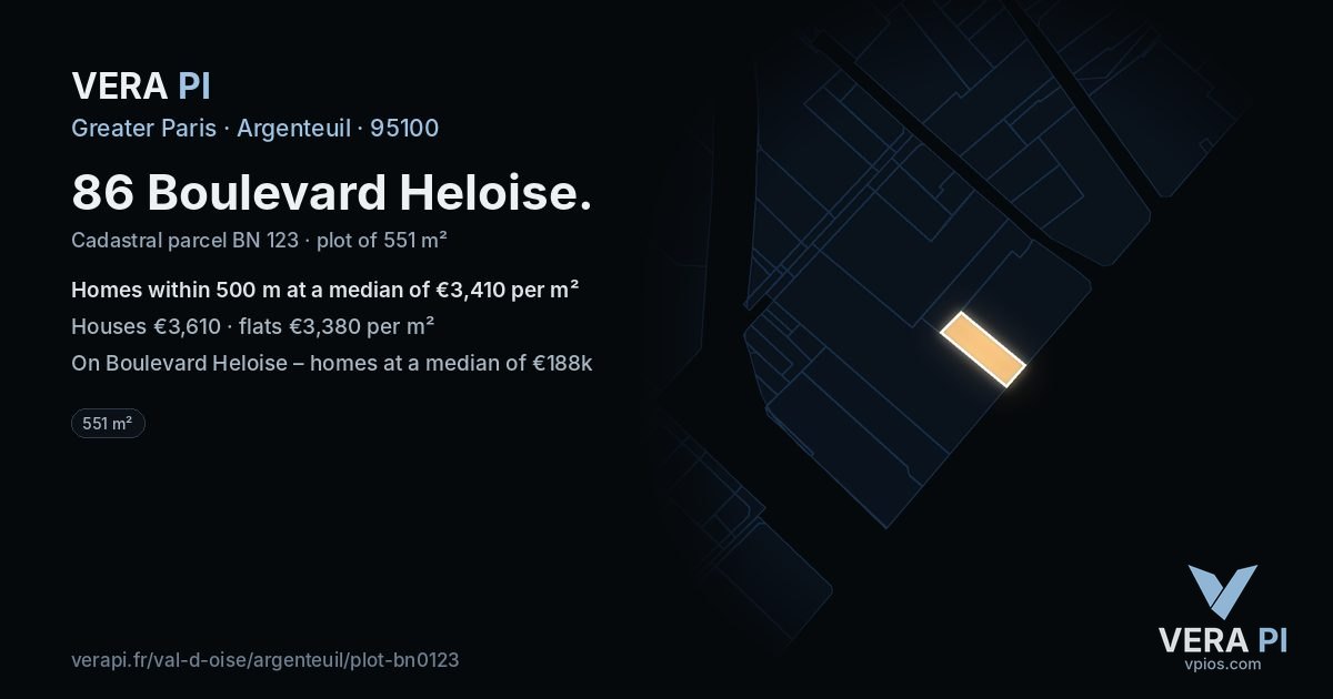 86 Boulevard Heloise, Argenteuil at night – the plot lit, the parcels around coloured by the prices near them
