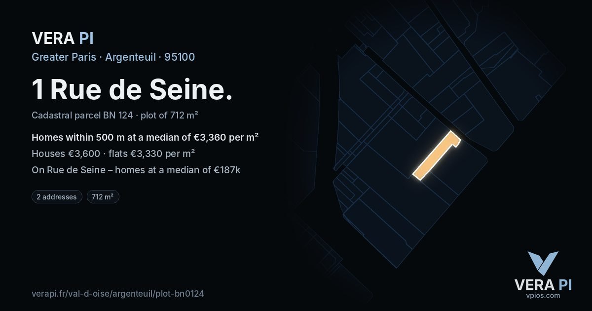 1 Rue de Seine, Argenteuil at night – the plot lit, the parcels around coloured by the prices near them