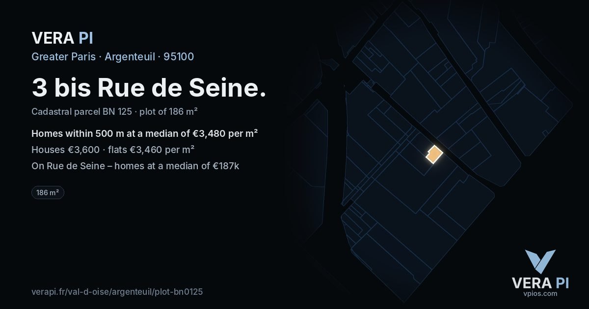 3 bis Rue de Seine, Argenteuil at night – the plot lit, the parcels around coloured by the prices near them