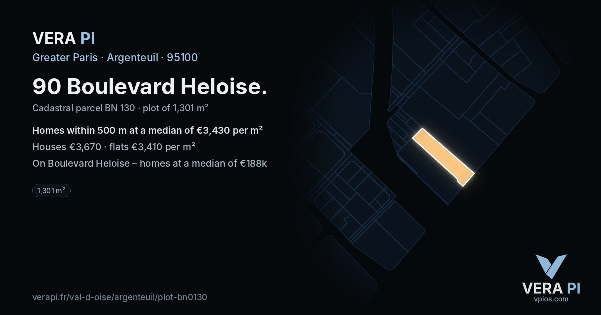 90 Boulevard Heloise, Argenteuil at night – the plot lit, the parcels around coloured by the prices near them