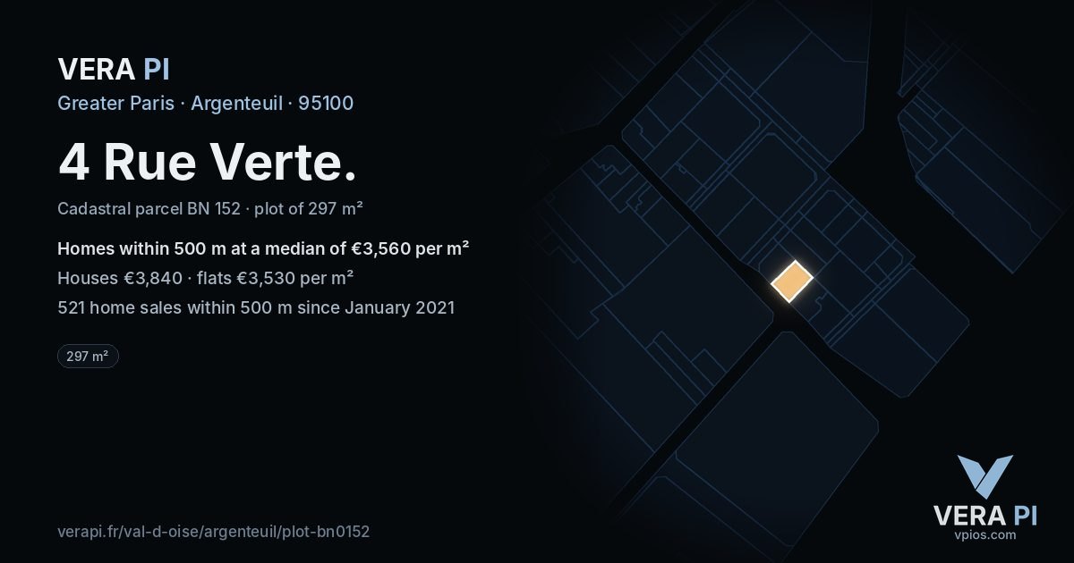 4 Rue Verte, Argenteuil at night – the plot lit, the parcels around coloured by the prices near them