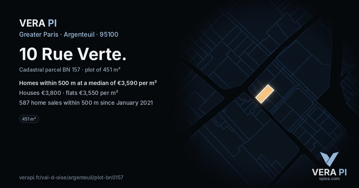 10 Rue Verte, Argenteuil at night – the plot lit, the parcels around coloured by the prices near them