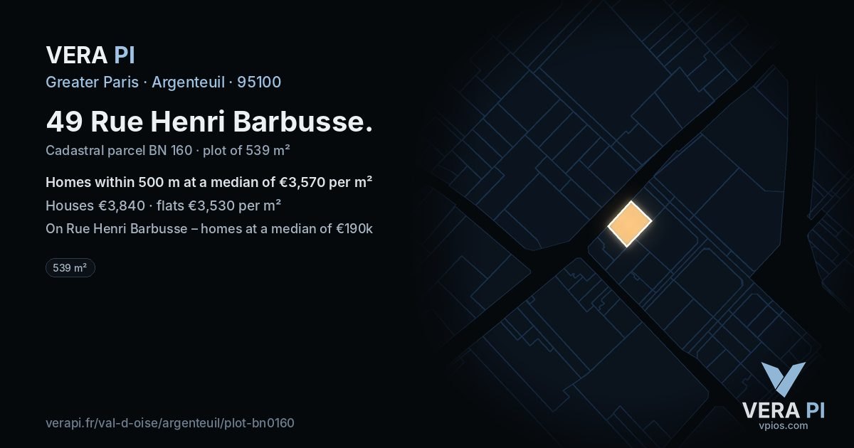49 Rue Henri Barbusse, Argenteuil at night – the plot lit, the parcels around coloured by the prices near them