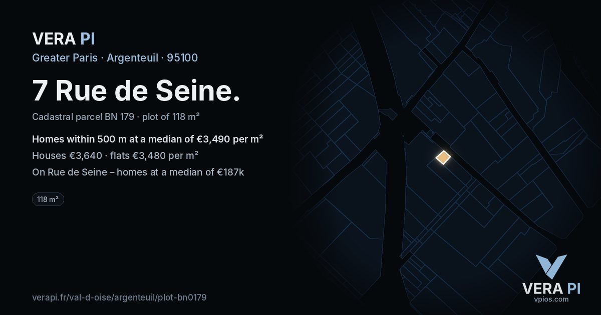 7 Rue de Seine, Argenteuil at night – the plot lit, the parcels around coloured by the prices near them