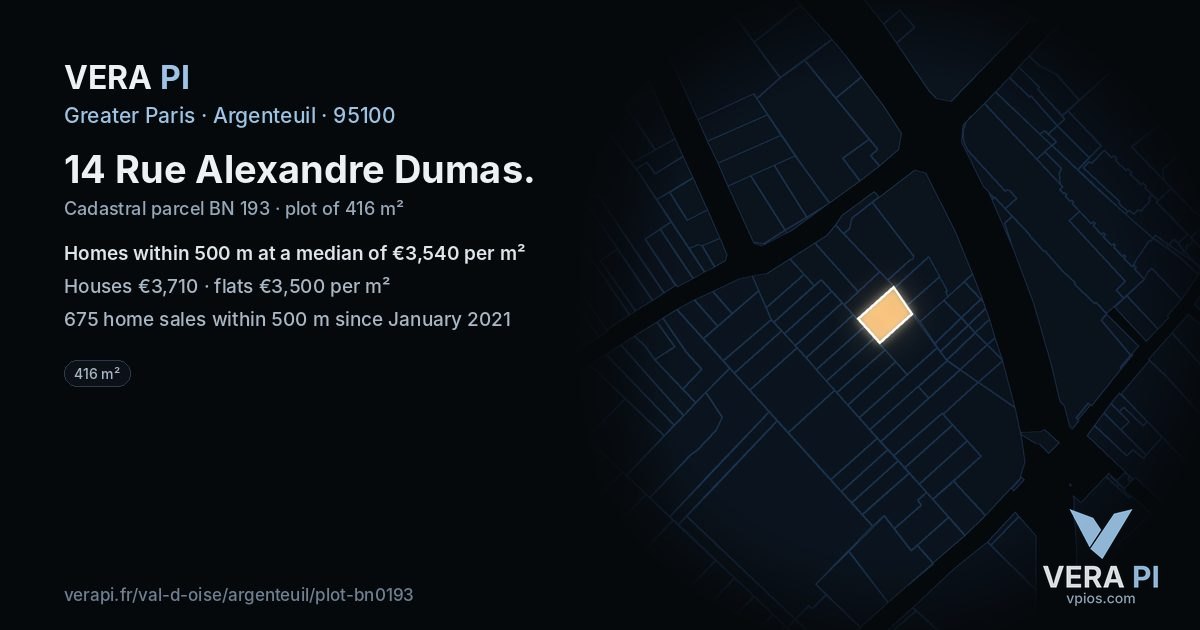 14 Rue Alexandre Dumas, Argenteuil at night – the plot lit, the parcels around coloured by the prices near them