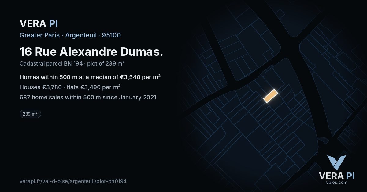 16 Rue Alexandre Dumas, Argenteuil at night – the plot lit, the parcels around coloured by the prices near them