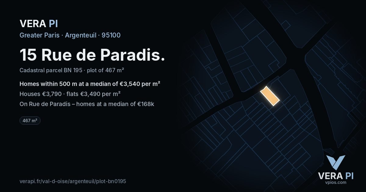 15 Rue de Paradis, Argenteuil at night – the plot lit, the parcels around coloured by the prices near them