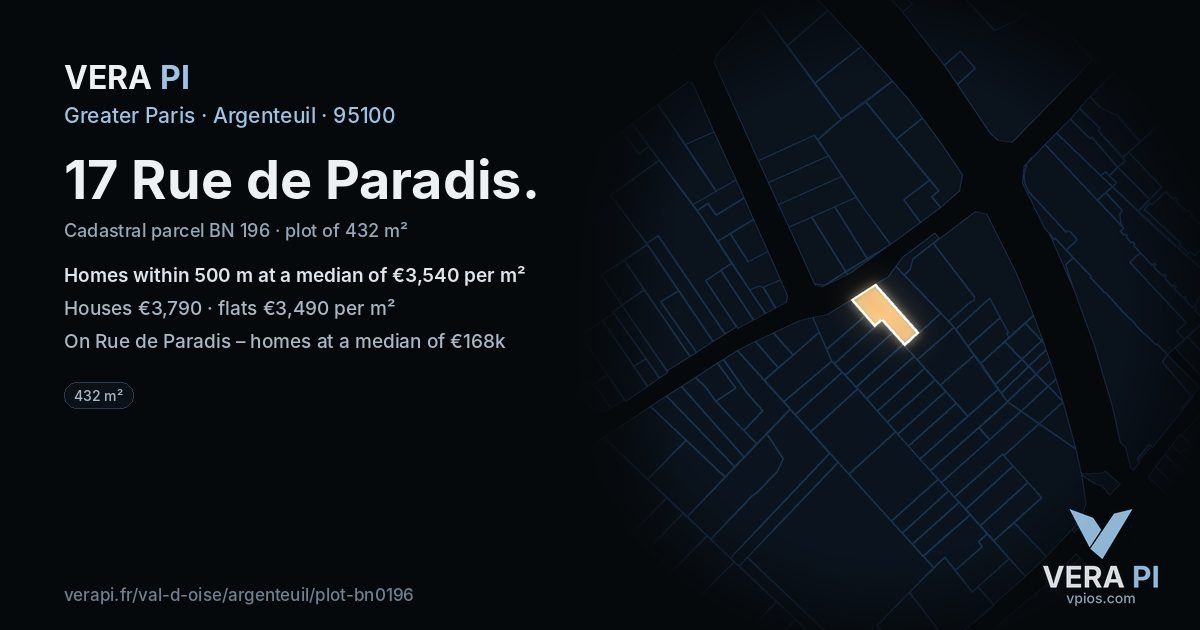 17 Rue de Paradis, Argenteuil at night – the plot lit, the parcels around coloured by the prices near them