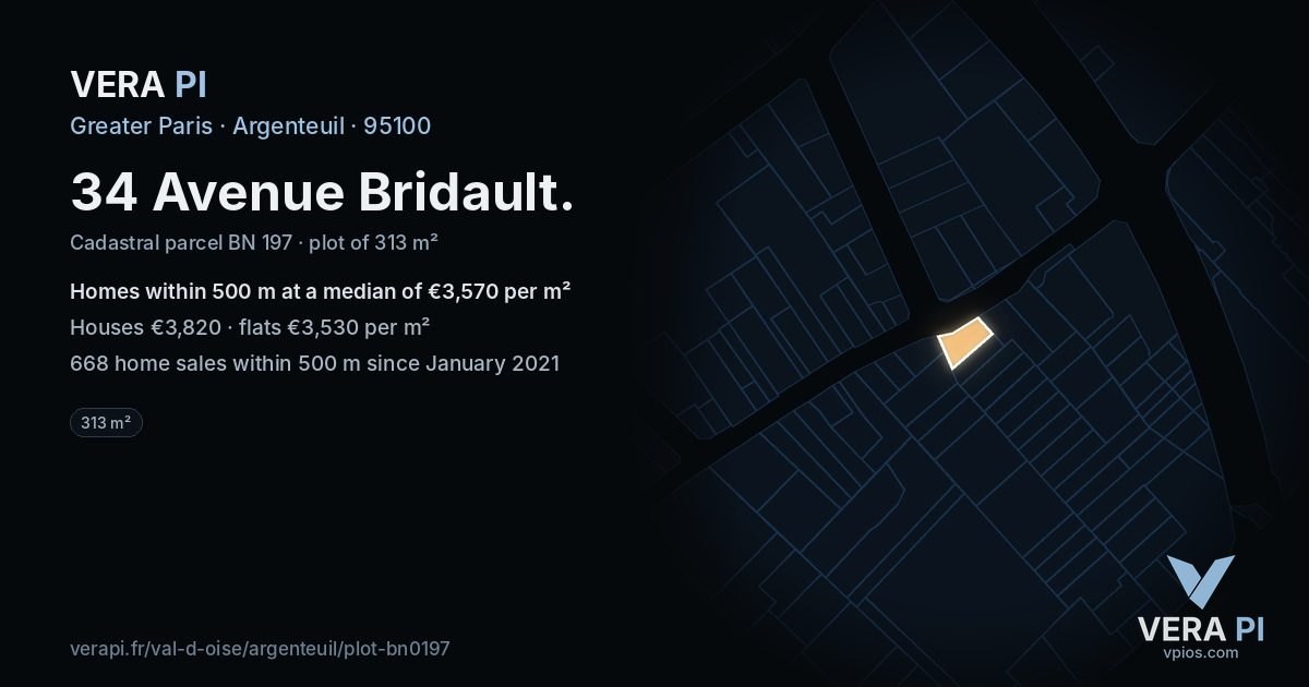 34 Avenue Bridault, Argenteuil at night – the plot lit, the parcels around coloured by the prices near them