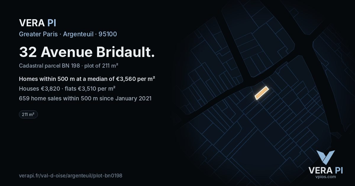 32 Avenue Bridault, Argenteuil at night – the plot lit, the parcels around coloured by the prices near them