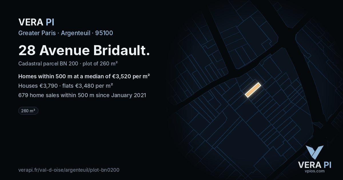 28 Avenue Bridault, Argenteuil at night – the plot lit, the parcels around coloured by the prices near them