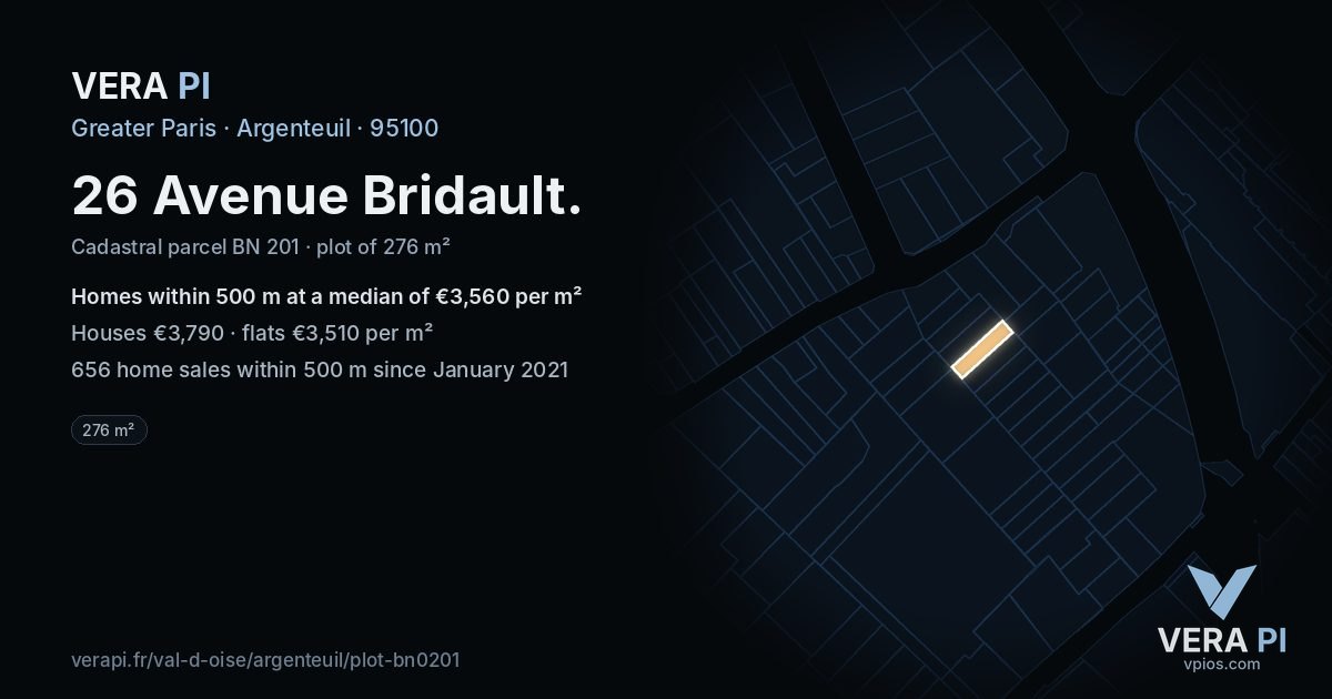 26 Avenue Bridault, Argenteuil at night – the plot lit, the parcels around coloured by the prices near them