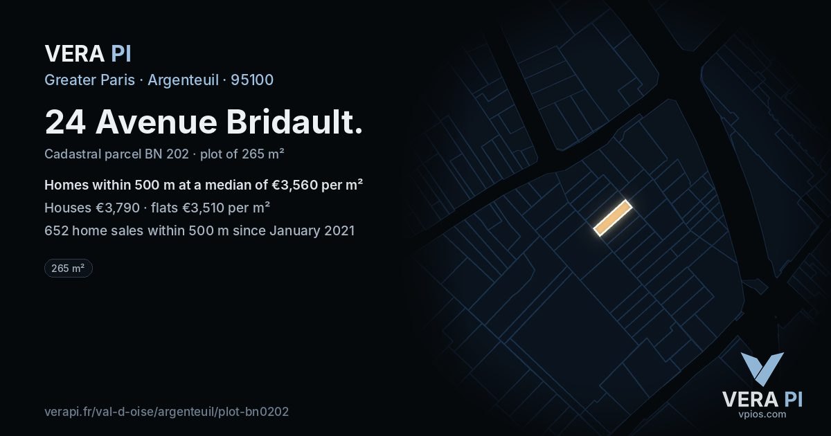 24 Avenue Bridault, Argenteuil at night – the plot lit, the parcels around coloured by the prices near them