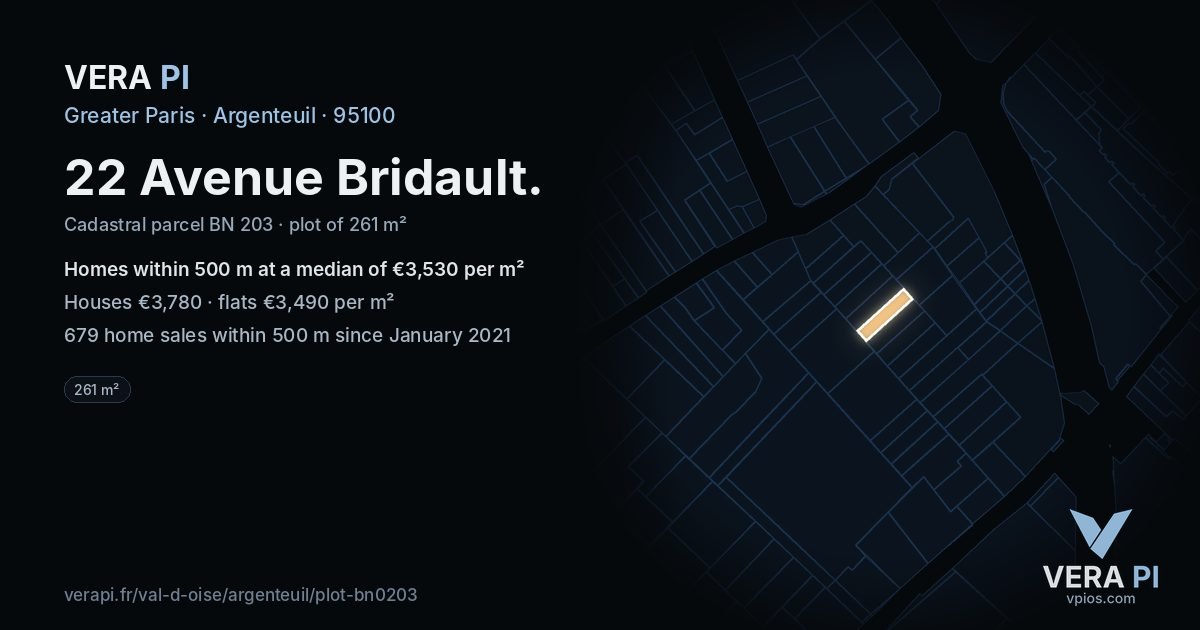 22 Avenue Bridault, Argenteuil at night – the plot lit, the parcels around coloured by the prices near them