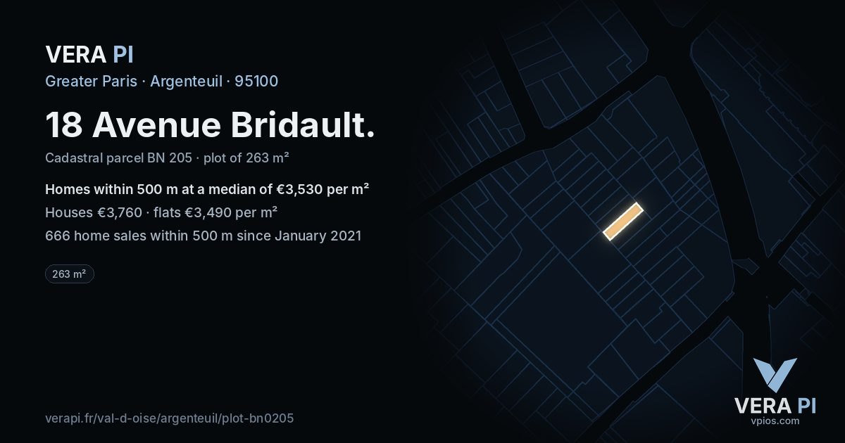 18 Avenue Bridault, Argenteuil at night – the plot lit, the parcels around coloured by the prices near them