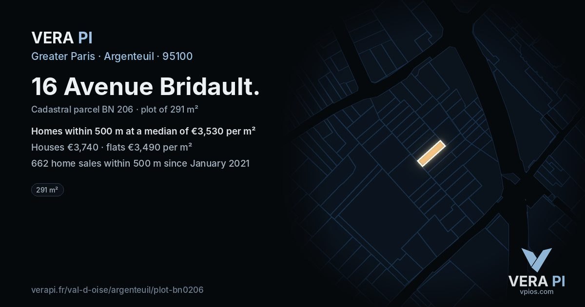 16 Avenue Bridault, Argenteuil at night – the plot lit, the parcels around coloured by the prices near them