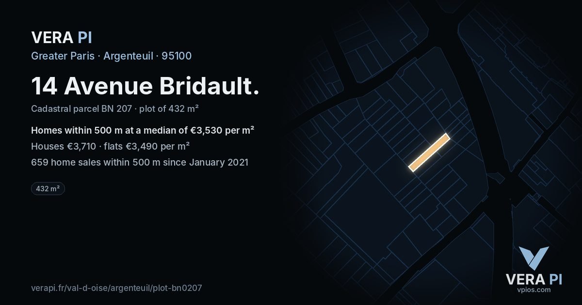 14 Avenue Bridault, Argenteuil at night – the plot lit, the parcels around coloured by the prices near them