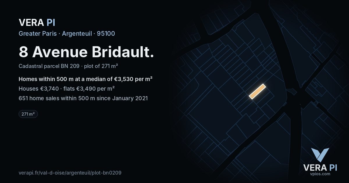 8 Avenue Bridault, Argenteuil at night – the plot lit, the parcels around coloured by the prices near them