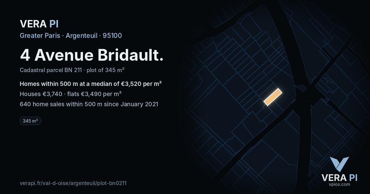 4 Avenue Bridault, Argenteuil at night – the plot lit, the parcels around coloured by the prices near them
