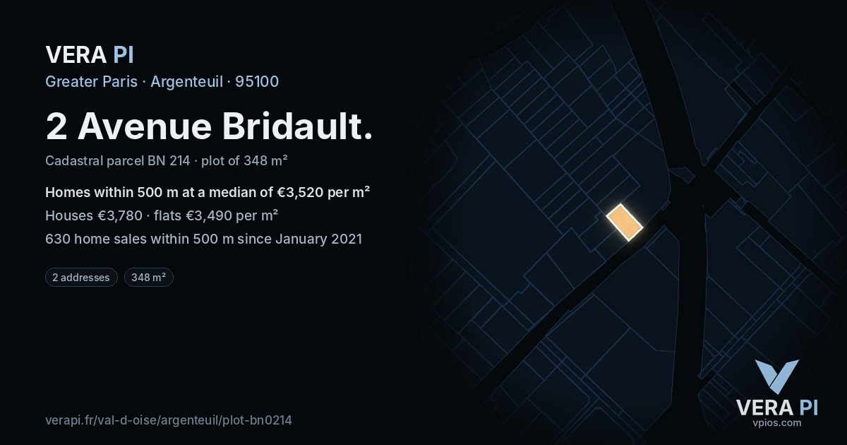 2 Avenue Bridault, Argenteuil at night – the plot lit, the parcels around coloured by the prices near them