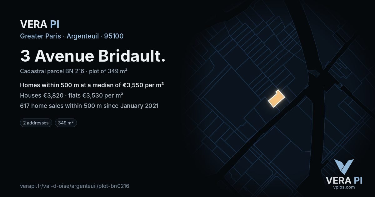 3 Avenue Bridault, Argenteuil at night – the plot lit, the parcels around coloured by the prices near them