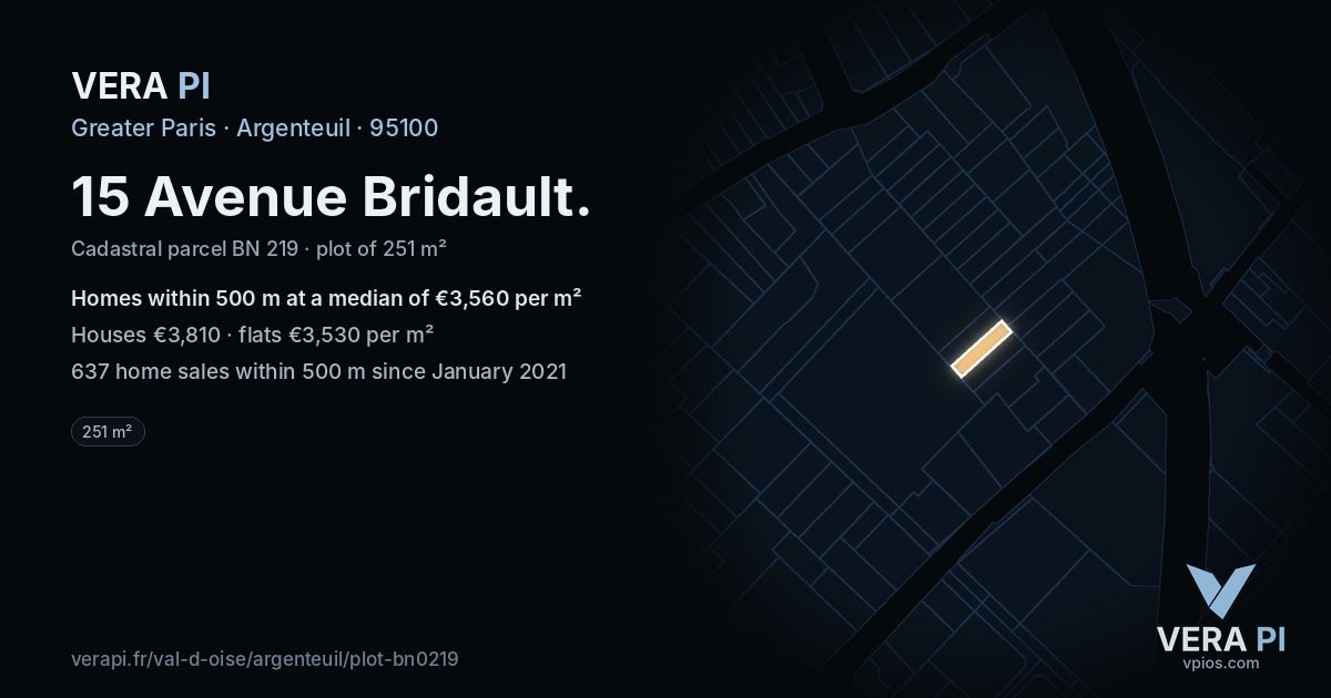 15 Avenue Bridault, Argenteuil at night – the plot lit, the parcels around coloured by the prices near them