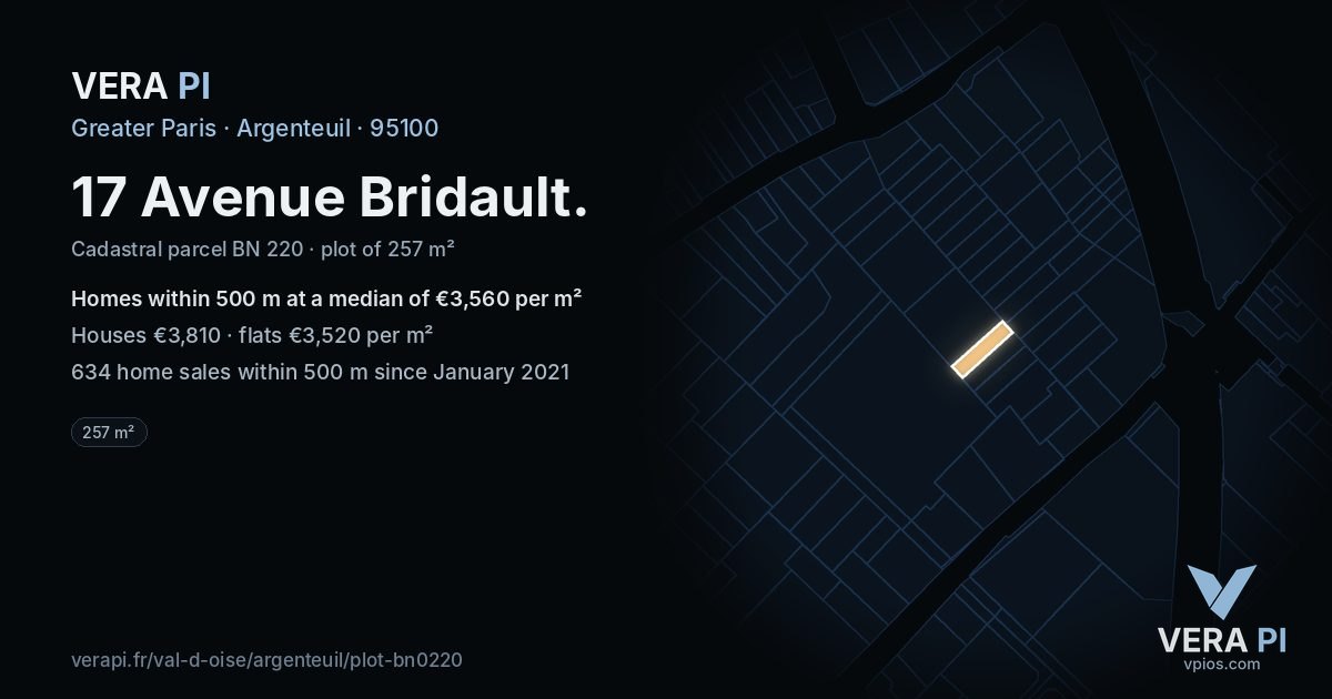 17 Avenue Bridault, Argenteuil at night – the plot lit, the parcels around coloured by the prices near them