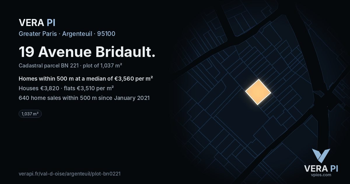 19 Avenue Bridault, Argenteuil at night – the plot lit, the parcels around coloured by the prices near them
