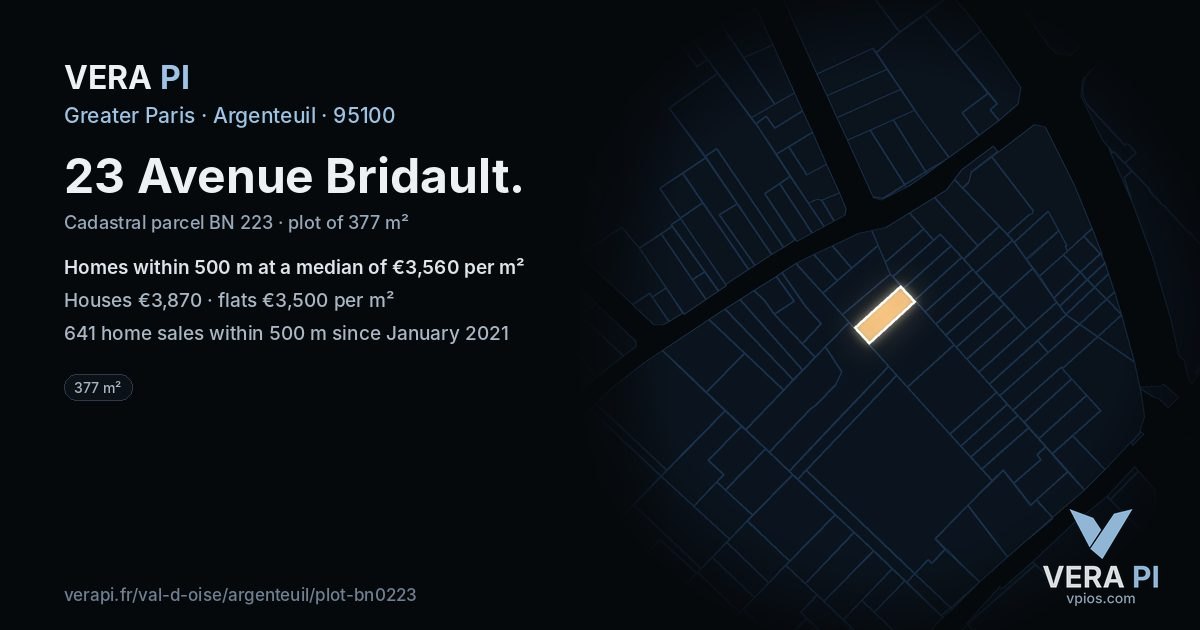 23 Avenue Bridault, Argenteuil at night – the plot lit, the parcels around coloured by the prices near them
