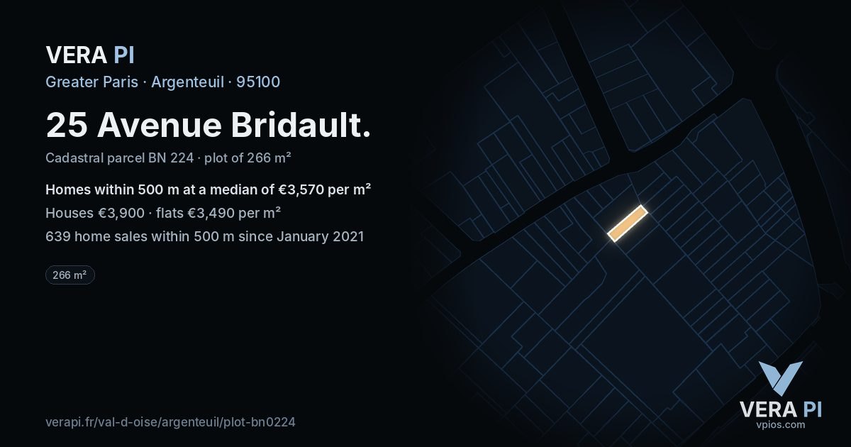 25 Avenue Bridault, Argenteuil at night – the plot lit, the parcels around coloured by the prices near them